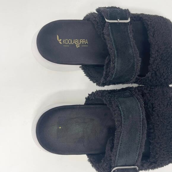 Koolaburra Black Pasea Faux Fur Slip-On Slide Sandals - Picture 7 of 9